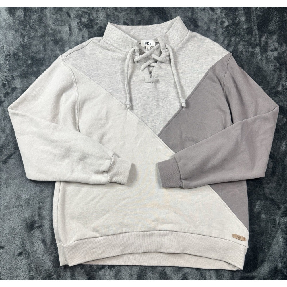 BKE Women's Small Colorblock Sweatshirt Lace Up Mock Neck Gray Cream Pullover